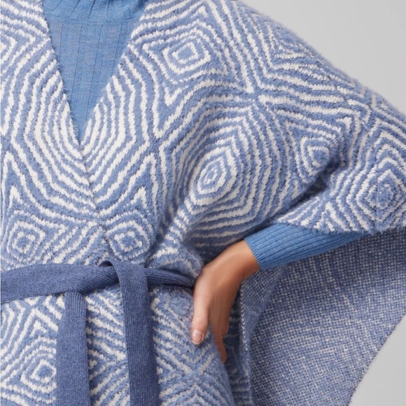 White House Black Market "Jacquard Belted Ruana" Poncho Sweater Blue White OS - Picture 2 of 16